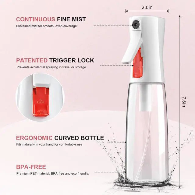 Alt view image 7 of 7 - Continuous Spray Bottle for Hair, Ultra Fine Mist Sprayer, 2 Pack | Long-Lasting Mist, Gentle Mister, Trigger Lock, for Hairstyling, Barbers, Salons, Cleaning Solutions, Planting, 2pk 6.1 Oz