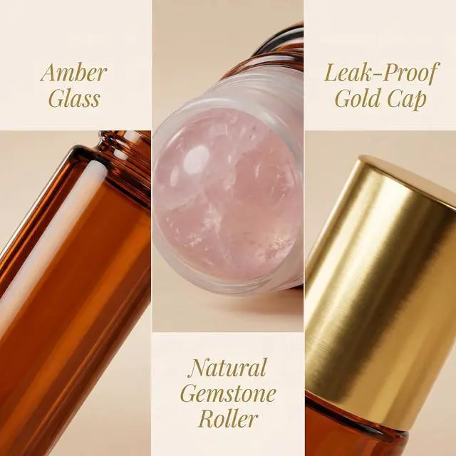 Alt view image 2 of 7 - Rose Quartz Roller Bottle for Essential Oil, 50ml Roller Ball Applicator | Refillable Amber Glass Roll-On Bottle Leak-Proof Cap for Aromatherapy, Travel & Skincare