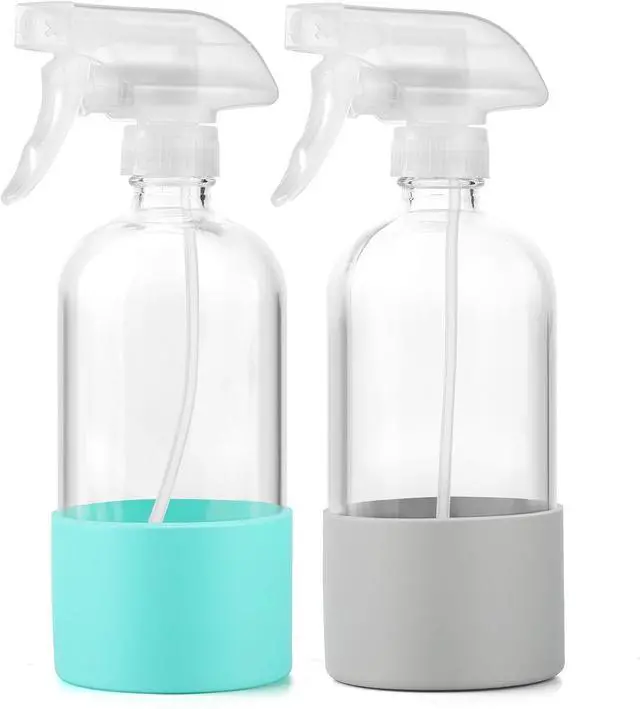 Main image of Glass Spray Bottles (2-Pack) with Silicone Sleeve - 16oz Empty Refillable Bottles - Adjustable Nozzle for Hair, Plants, Cleaning & DIY Solutions - Mint Green & Grey