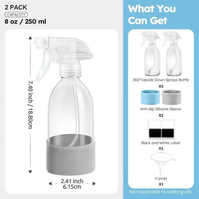 Alt view image 5 of 7 - Tecohouse 360° 8 oz Clear Glass Spray Bottles with Silicone Sleeve 2 Pack | 360° All-Angle Spray, Nonslip Silicone Protective Covers, for Cleaning Solutions, Plants, Hair Care (Black & Brown)