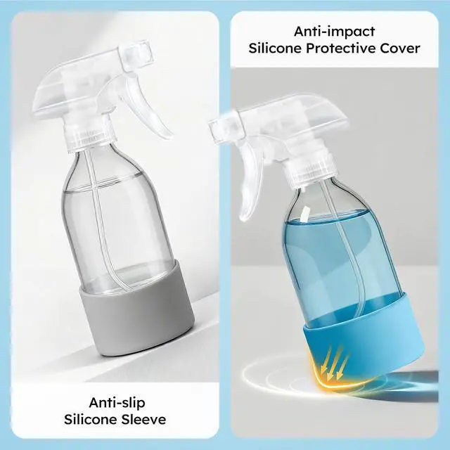 Alt view image 6 of 7 - Tecohouse 360° 8 oz Clear Glass Spray Bottles with Silicone Sleeve 2 Pack | 360° All-Angle Spray, Nonslip Silicone Protective Covers, for Cleaning Solutions, Plants, Hair Care (Black & Brown)