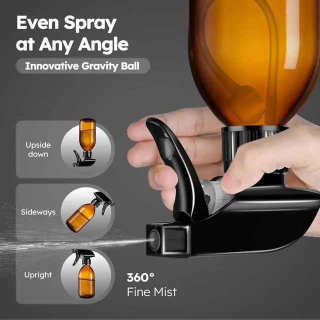 Alt view image 2 of 7 - Tecohouse 360° 8 OZ Amber Glass Spray Bottles 2 Pack | 360° All-Angle Spray, Leakproof, Empty Refillable Containers for Cleaning Solutions, Plants, Facial Hydration, Hairs Care,