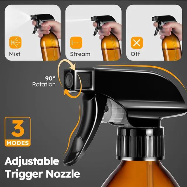 Alt view image 4 of 7 - Tecohouse 360° 8 OZ Amber Glass Spray Bottles 2 Pack | 360° All-Angle Spray, Leakproof, Empty Refillable Containers for Cleaning Solutions, Plants, Facial Hydration, Hairs Care,