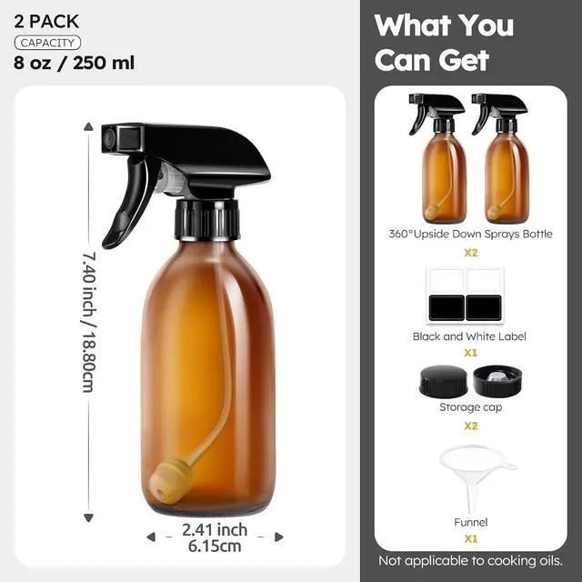 Alt view image 7 of 7 - Tecohouse 360° 8 OZ Amber Glass Spray Bottles 2 Pack | 360° All-Angle Spray, Leakproof, Empty Refillable Containers for Cleaning Solutions, Plants, Facial Hydration, Hairs Care,