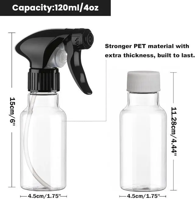 Alt view image 3 of 6 - Spray Bottles 4oz/120ml Plastic Small, Clear, 2 Pack | Mist/Stream Spraying, Heavy Duty, For Hair, For Cleaning Solutions, For Plants