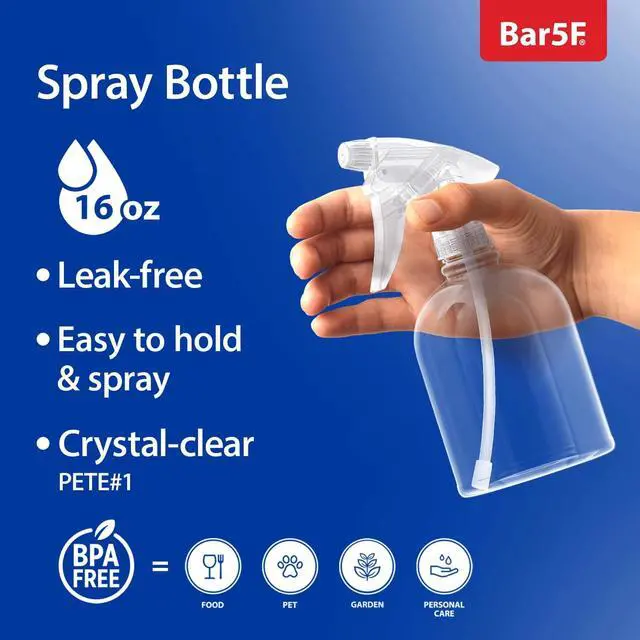 Alt view image 2 of 6 - Bar5F Plastic Spray Bottle, 16 oz | Leak Proof, Empty, Clear, Trigger Handle, Adjustable Fine to Stream Output, Refillable