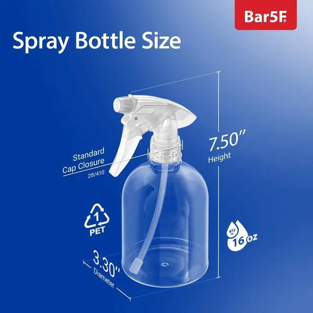 Alt view image 3 of 6 - Bar5F Plastic Spray Bottle, 16 oz | Leak Proof, Empty, Clear, Trigger Handle, Adjustable Fine to Stream Output, Refillable