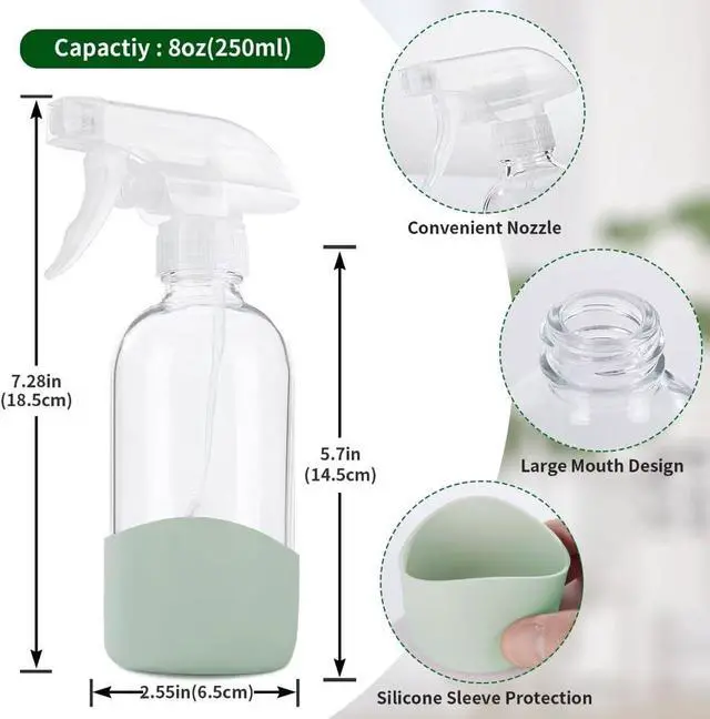 Alt view image 2 of 7 - HOMBYS 8 Oz Empty Clear Glass Spray Bottles with Silicone Sleeve Protection Refillable Containers for Cleaning Solutions, Essential Oils, Misting Plants - Quality Sprayer - 1 Pack Boston Bottles