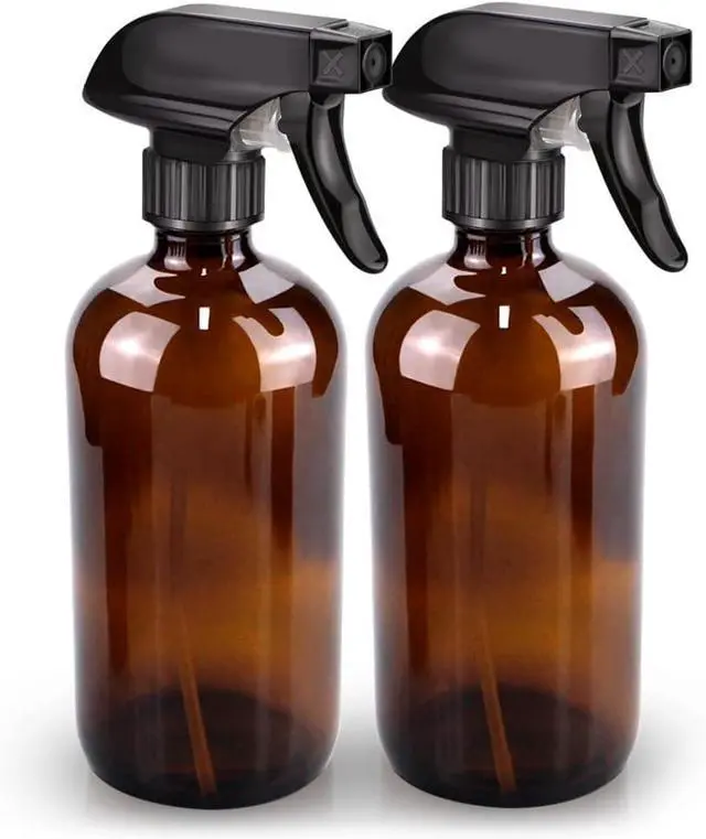 Main image of Bontip Glass Spray Bottle 16 oz for Cleaning, Plants (2 Pack, Amber) | Refillable amber spray bottle Set, BPA-free eco glass, With labels and funnel, Great for cleaners, plant misting, hair care