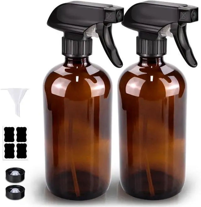Alt view image 2 of 7 - Bontip Glass Spray Bottle 16 oz for Cleaning, Plants (2 Pack, Amber) | Refillable amber spray bottle Set, BPA-free eco glass, With labels and funnel, Great for cleaners, plant misting, hair care