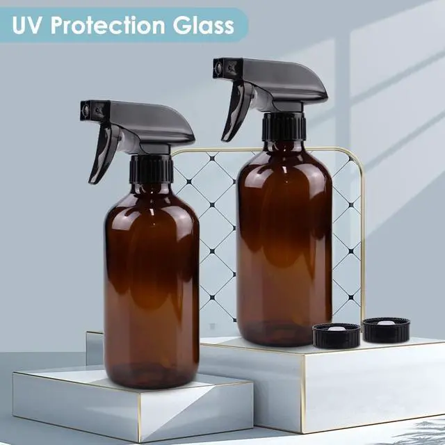 Alt view image 4 of 7 - Bontip Glass Spray Bottle 16 oz for Cleaning, Plants (2 Pack, Amber) | Refillable amber spray bottle Set, BPA-free eco glass, With labels and funnel, Great for cleaners, plant misting, hair care