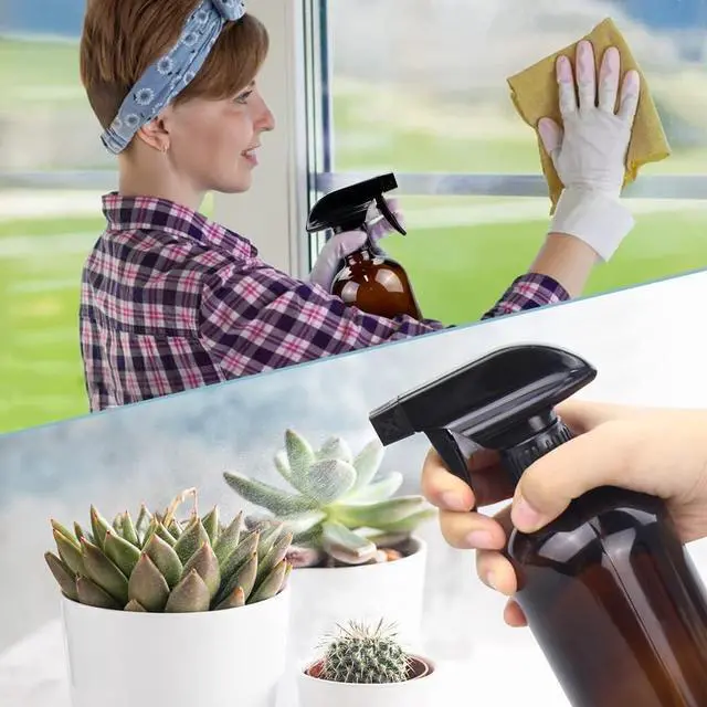 Alt view image 5 of 7 - Bontip Glass Spray Bottle 16 oz for Cleaning, Plants (2 Pack, Amber) | Refillable amber spray bottle Set, BPA-free eco glass, With labels and funnel, Great for cleaners, plant misting, hair care
