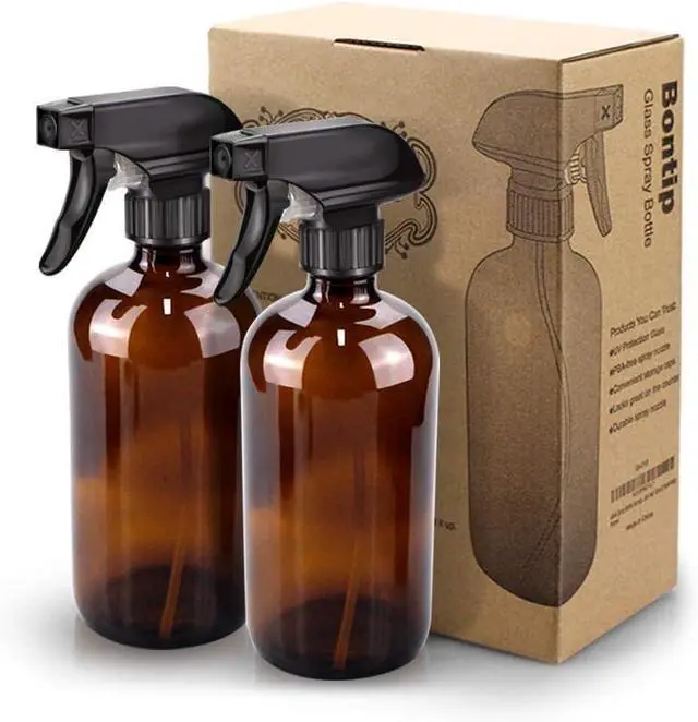 Alt view image 7 of 7 - Bontip Glass Spray Bottle 16 oz for Cleaning, Plants (2 Pack, Amber) | Refillable amber spray bottle Set, BPA-free eco glass, With labels and funnel, Great for cleaners, plant misting, hair care