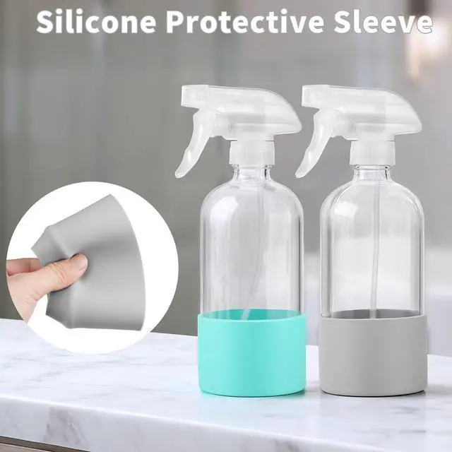 Alt view image 3 of 7 - Glass Spray Bottles (2-Pack) with Silicone Sleeve - 16oz Empty Refillable Bottles - Adjustable Nozzle for Hair, Plants, Cleaning & DIY Solutions - Mint Green & Grey