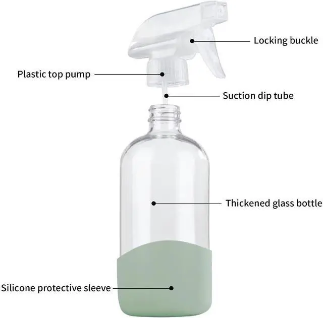 Alt view image 5 of 7 - HOMBYS 8 Oz Empty Clear Glass Spray Bottles with Silicone Sleeve Protection Refillable Containers for Cleaning Solutions, Essential Oils, Misting Plants - Quality Sprayer - 1 Pack Boston Bottles