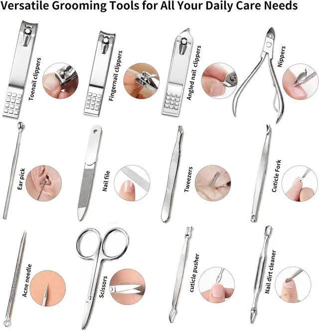 Alt view image 4 of 7 - Manicure Set, Stainless Steel Nail Clipper Set with Luxurious Travel Case | 12-Piece Set with Thicker Steel, Precision-ground Cutting Edges, and Smooth-finished Tools for Clean, Precise Trimming.