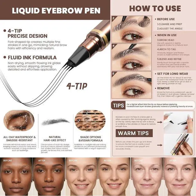 Alt view image 2 of 7 - Eyebrow Pencil, 2Pcs Waterproof Microblading Eyebrow Pens, 4 Tip Precise Eye Brow Makeup Pen for Women to Effortlessly Create Hair Like Natural Brows, Non Dry Out and Last All Day (Brunette)