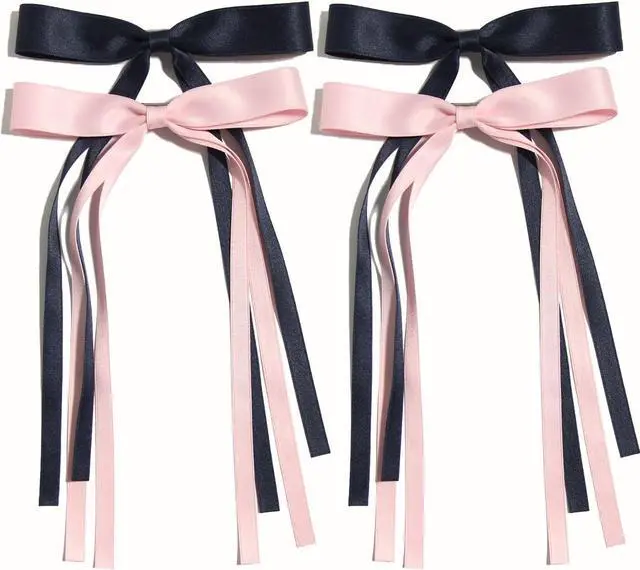 Main image of 4pcs Tassel Ribbon Bowknot Hair Accessories with Long Tails, Solid Barrettes Claw Clips with Bows for Girls and Women (Navy Pink)