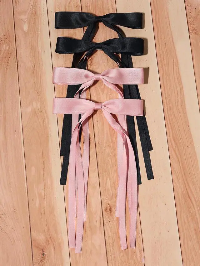 Alt view image 5 of 7 - 4pcs Tassel Ribbon Bowknot Hair Accessories with Long Tails, Solid Barrettes Claw Clips with Bows for Girls and Women (Navy Pink)