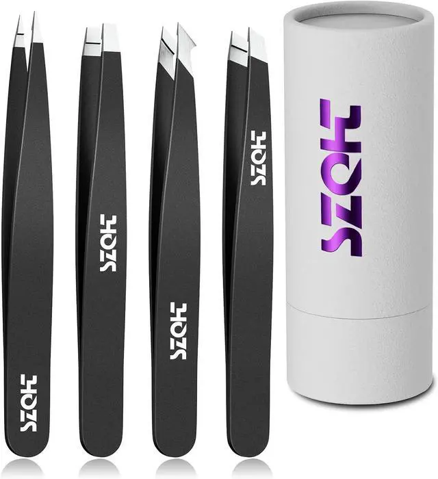 Main image of Professional Tweezers Set for Eyebrows 4PC Precision Stainless Steel Tweezers Kit with Slant, Pointed & Flat Tips Eyebrow Hair Removal Tool for Women & Men Eco-Friendly Paper Tube Packaging
