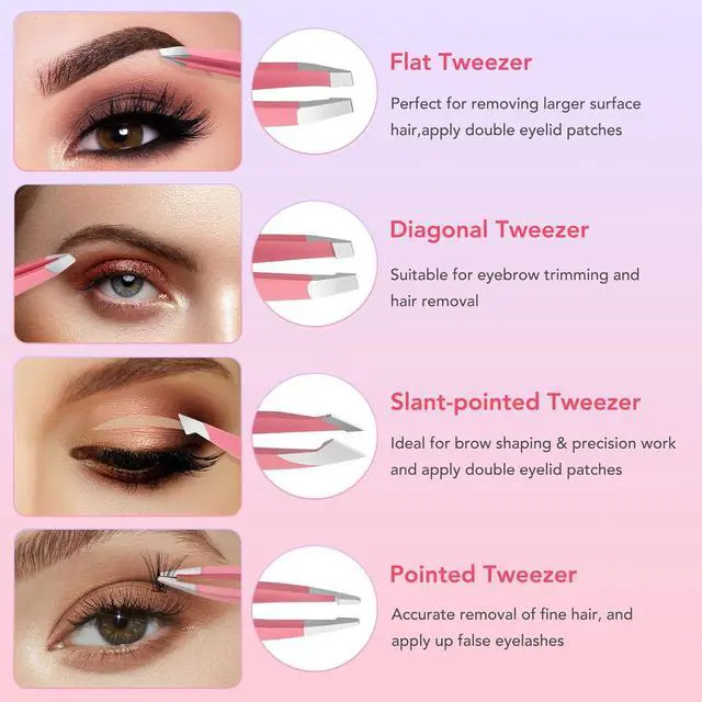 Alt view image 2 of 7 - Tweezers Set for Facial Hair Removal Women, 8Pcs Precision Eyebrow Tweezers Nail Clipper Set Eyebrow Plucker Men for Ingrown Hair Removal (Pink)