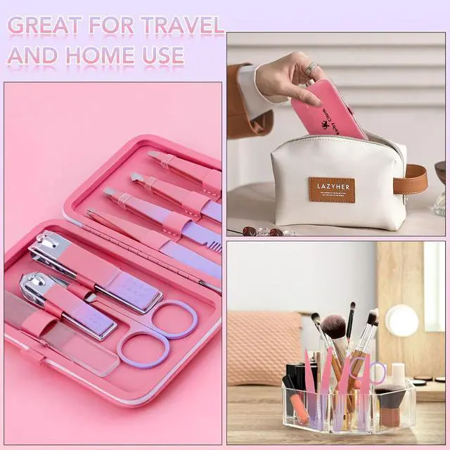 Alt view image 7 of 7 - Tweezers Set for Facial Hair Removal Women, 8Pcs Precision Eyebrow Tweezers Nail Clipper Set Eyebrow Plucker Men for Ingrown Hair Removal (Pink)