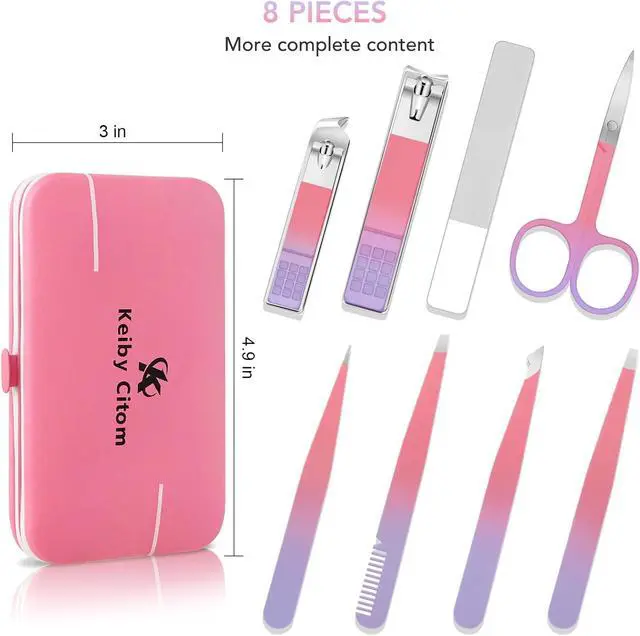 Alt view image 6 of 7 - Tweezers Set for Facial Hair Removal Women, 8Pcs Precision Eyebrow Tweezers Nail Clipper Set Eyebrow Plucker Men for Ingrown Hair Removal (Pink)