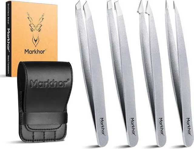 Main image of MARKHOR® Sparkle Silver Eyebrow Tweezers for Women Facial Hair, Splinter and Ingrown Hair Removal Tweezers Set, Professional Pointed and Slant Tweezers for Eyebrows, Precision Tweezers for Eyebrows