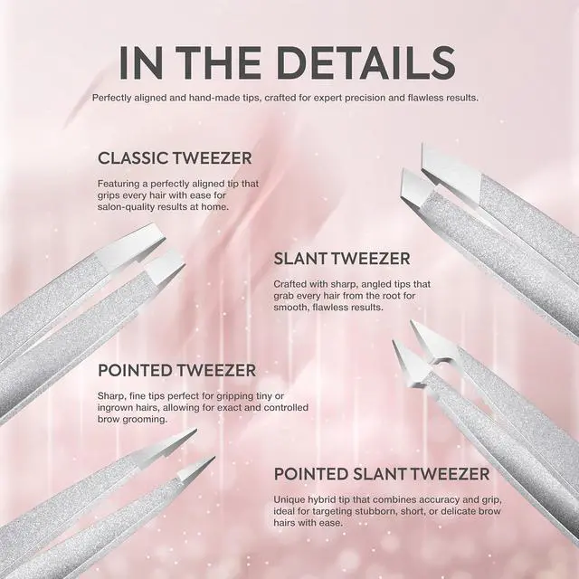 Alt view image 3 of 7 - MARKHOR® Sparkle Silver Eyebrow Tweezers for Women Facial Hair, Splinter and Ingrown Hair Removal Tweezers Set, Professional Pointed and Slant Tweezers for Eyebrows, Precision Tweezers for Eyebrows