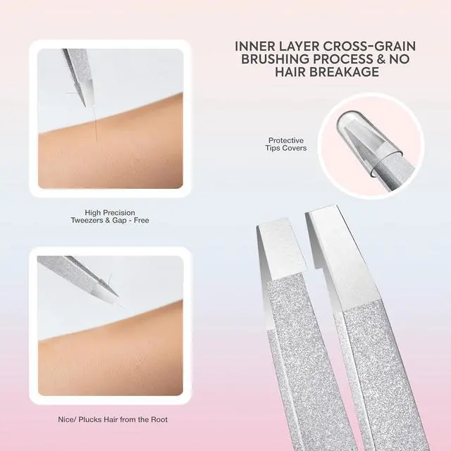 Alt view image 5 of 7 - MARKHOR® Sparkle Silver Eyebrow Tweezers for Women Facial Hair, Splinter and Ingrown Hair Removal Tweezers Set, Professional Pointed and Slant Tweezers for Eyebrows, Precision Tweezers for Eyebrows