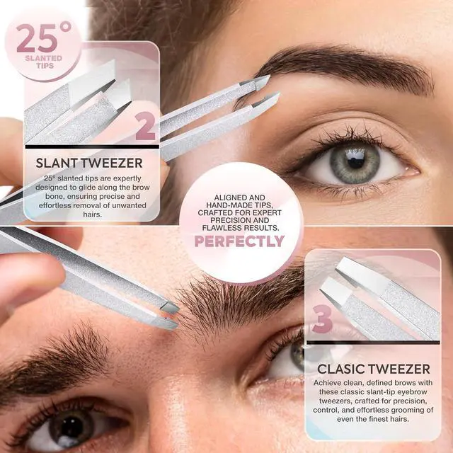 Alt view image 4 of 7 - MARKHOR® Sparkle Silver Eyebrow Tweezers for Women Facial Hair, Splinter and Ingrown Hair Removal Tweezers Set, Professional Pointed and Slant Tweezers for Eyebrows, Precision Tweezers for Eyebrows