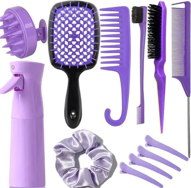 Main image of 12 Pcs Hair Brush Set with Continuous Hair Spray Bottle for Women, Rat Tail Combs for Toddlers, Soft Scalp Massager, Detangling Hairbrush for Wet Dry Curly Hair (purple)