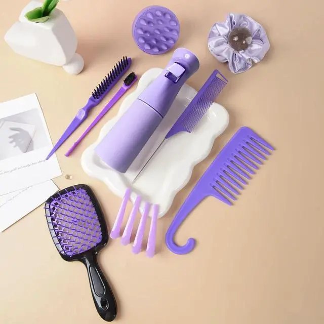 Alt view image 4 of 7 - 12 Pcs Hair Brush Set with Continuous Hair Spray Bottle for Women, Rat Tail Combs for Toddlers, Soft Scalp Massager, Detangling Hairbrush for Wet Dry Curly Hair (purple)