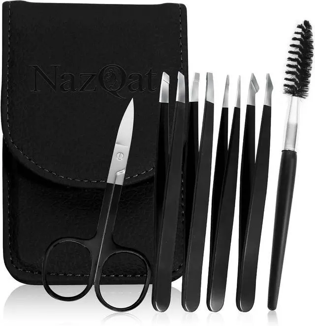 Main image of 6-Piece Precision Eyebrow Tweezers for Women & Men - Professional Eyebrow & Facial Hair Grooming Kit with 4 Tweezers For Eyebrows, Eyebrow Scissors & Brush - Stainless Steel Tools in Leather Case