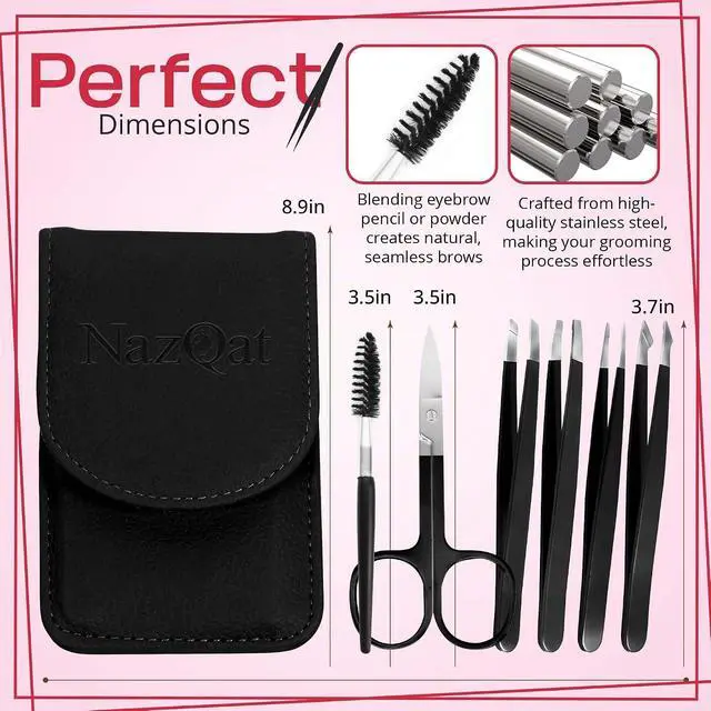 Alt view image 2 of 7 - 6-Piece Precision Eyebrow Tweezers for Women & Men - Professional Eyebrow & Facial Hair Grooming Kit with 4 Tweezers For Eyebrows, Eyebrow Scissors & Brush - Stainless Steel Tools in Leather Case