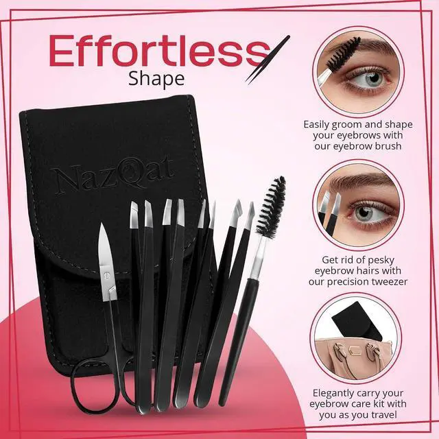 Alt view image 4 of 7 - 6-Piece Precision Eyebrow Tweezers for Women & Men - Professional Eyebrow & Facial Hair Grooming Kit with 4 Tweezers For Eyebrows, Eyebrow Scissors & Brush - Stainless Steel Tools in Leather Case