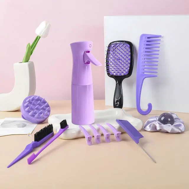 Alt view image 2 of 7 - 12 Pcs Hair Brush Set with Continuous Hair Spray Bottle for Women, Rat Tail Combs for Toddlers, Soft Scalp Massager, Detangling Hairbrush for Wet Dry Curly Hair (purple)