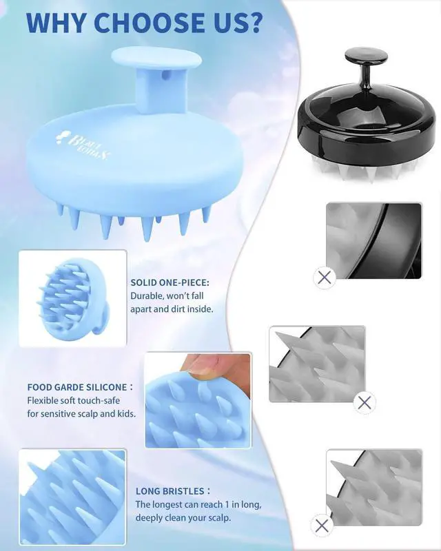 Alt view image 2 of 6 - BEAUTLOHAS Silicone Scalp Massager Shampoo Brush, Shower Scrubber with Soft Bristles, Hair Growth & Dandruff Treatment, Wet/Dry Hair Massager for All Hair Types (Blue)