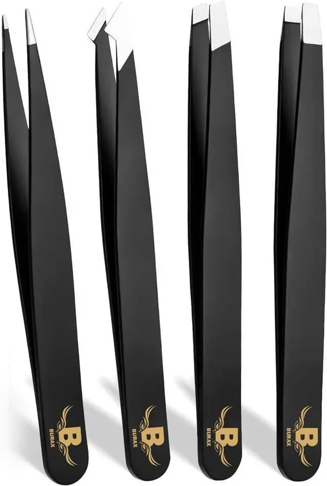 Main image of Professional Tweezers Set for Women & Men, 4-Piece Stainless Steel Precision Eyebrow Tweezers Kit with Slant, Pointed, Flat & Angled Tips, Facial Hair Remover for Eyebrows, Ingrown Hair (Black 4 PCS)