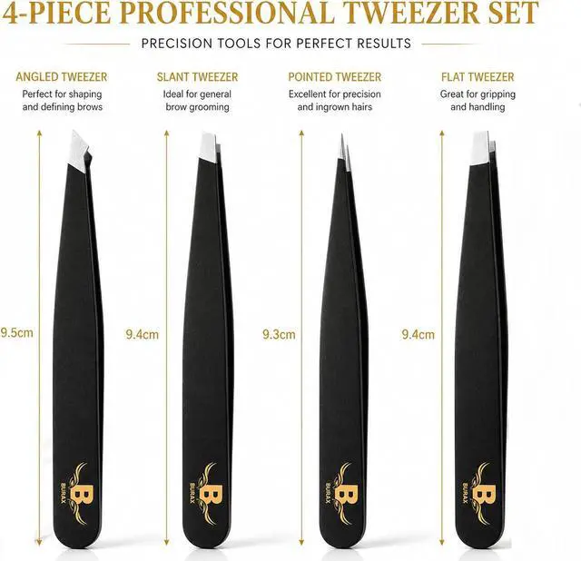 Alt view image 2 of 7 - Professional Tweezers Set for Women & Men, 4-Piece Stainless Steel Precision Eyebrow Tweezers Kit with Slant, Pointed, Flat & Angled Tips, Facial Hair Remover for Eyebrows, Ingrown Hair (Black 4 PCS)