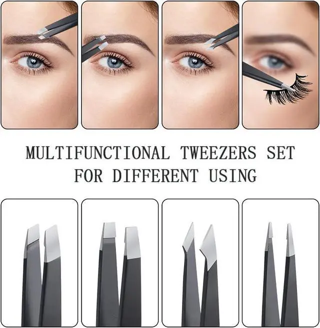 Alt view image 3 of 7 - Professional Tweezers Set for Women & Men, 4-Piece Stainless Steel Precision Eyebrow Tweezers Kit with Slant, Pointed, Flat & Angled Tips, Facial Hair Remover for Eyebrows, Ingrown Hair (Black 4 PCS)