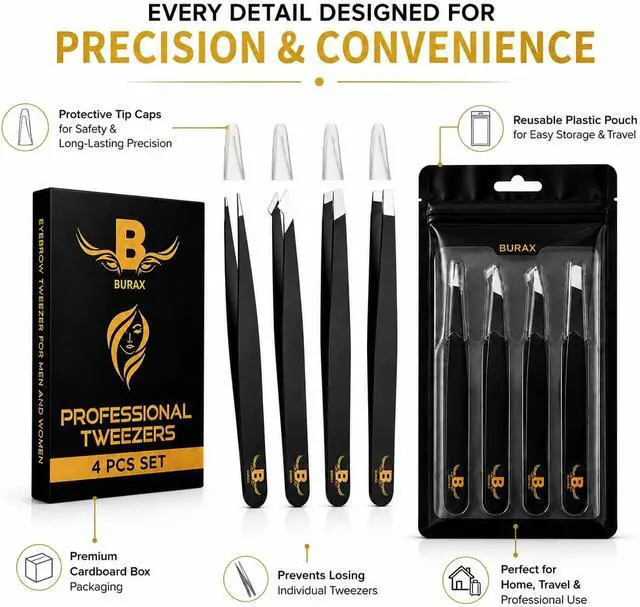 Alt view image 7 of 7 - Professional Tweezers Set for Women & Men, 4-Piece Stainless Steel Precision Eyebrow Tweezers Kit with Slant, Pointed, Flat & Angled Tips, Facial Hair Remover for Eyebrows, Ingrown Hair (Black 4 PCS)