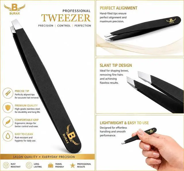 Alt view image 6 of 7 - Professional Tweezers Set for Women & Men, 4-Piece Stainless Steel Precision Eyebrow Tweezers Kit with Slant, Pointed, Flat & Angled Tips, Facial Hair Remover for Eyebrows, Ingrown Hair (Black 4 PCS)