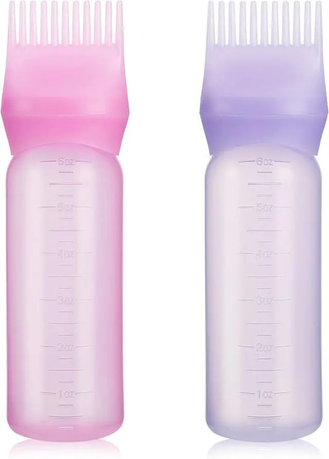 Main image of Pimoys 2Pcs 6Oz Root Comb Hair Dye Oil Applicator Bottles For Scalp Brush | Pink Purple, Plastic Squeeze Bottle Dispenser with Graduated Scale, Comb Tip Applicator For Hair Coloring Oiling Home Salon
