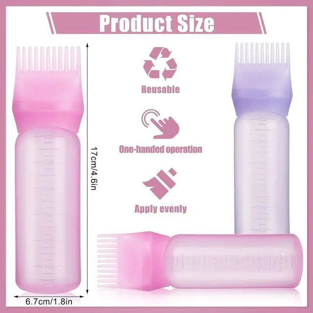 Alt view image 2 of 7 - Pimoys 2Pcs 6Oz Root Comb Hair Dye Oil Applicator Bottles For Scalp Brush | Pink Purple, Plastic Squeeze Bottle Dispenser with Graduated Scale, Comb Tip Applicator For Hair Coloring Oiling Home Salon