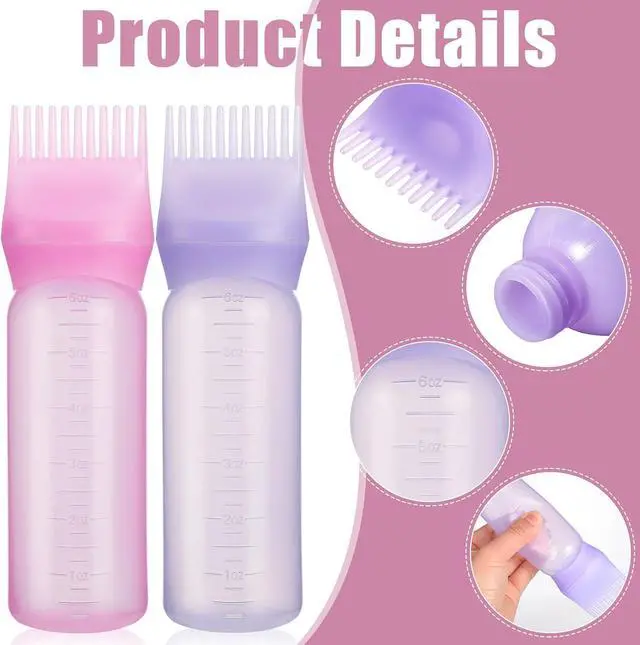 Alt view image 3 of 7 - Pimoys 2Pcs 6Oz Root Comb Hair Dye Oil Applicator Bottles For Scalp Brush | Pink Purple, Plastic Squeeze Bottle Dispenser with Graduated Scale, Comb Tip Applicator For Hair Coloring Oiling Home Salon
