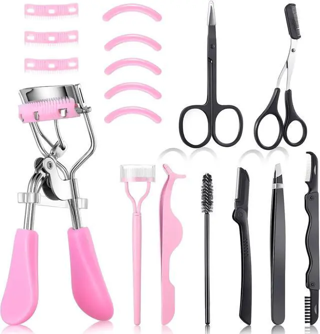Main image of 17 Pcs Eyelash Curlers Kit Lash Curler Eyelash Comb Seperator Extension Tweezers Eyebrow Brush Scissors False Eyelashes Applicator Eyebrow Trimmer Silicone Refills Pads for Women(Pink)