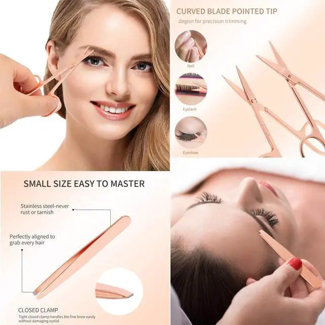 Alt view image 3 of 7 - Arroyner 5 Pieces Eyelash Applicator Tool False Eyelashes Applicator Eyebrow Curler Eyebrow Scissors (Rose Golden)