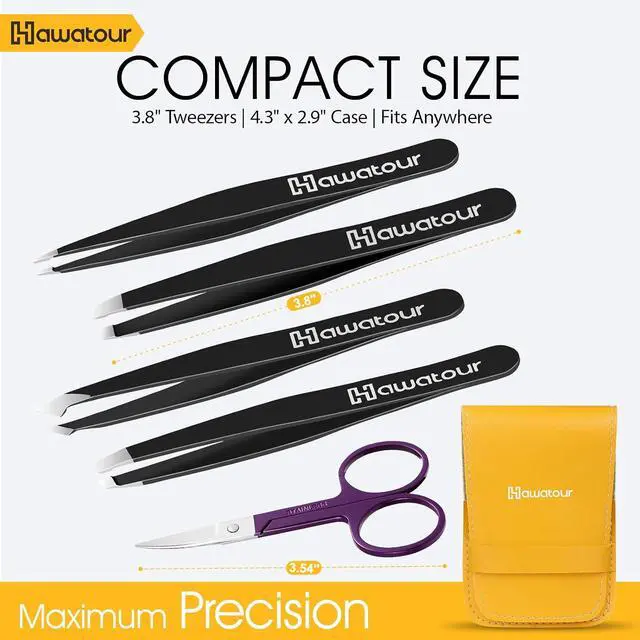 Alt view image 2 of 6 - HAWATOUR Tweezers Set with Eyebrow Scissors, Black | Precision Stainless Steel, Eyebrow Grooming Kit, For Women & Men