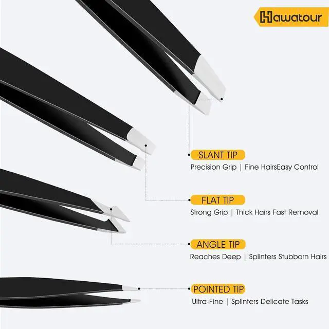 Alt view image 4 of 6 - HAWATOUR Tweezers Set with Eyebrow Scissors, Black | Precision Stainless Steel, Eyebrow Grooming Kit, For Women & Men